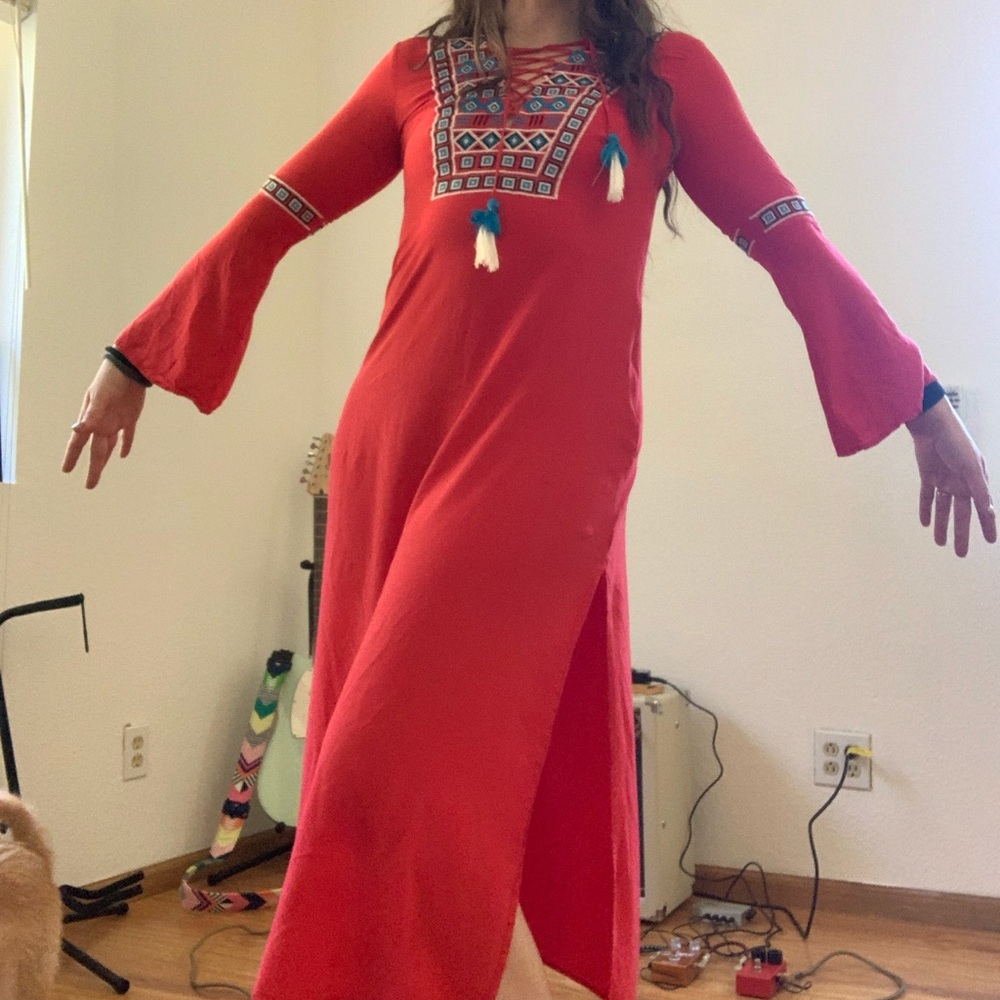 Red tribal embroidered boho dress